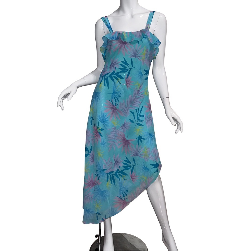 Vintage 90s Summer Floral Asymmetric Hem Ruffle Midi Dress Y2K Resort Beach